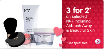 3 for 2 on selected No7 including beautiful skin & airbrush away